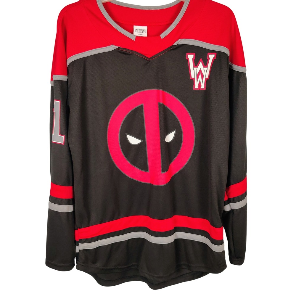 Marvel Deadpool Hockey Jersey Mens Small Black Red 91 double side Comic Logo